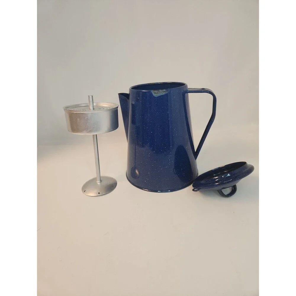 Enamel Coffee Pot Perculator 8 Cup Camp Coffee Pot Blue Speckled Enamel insert